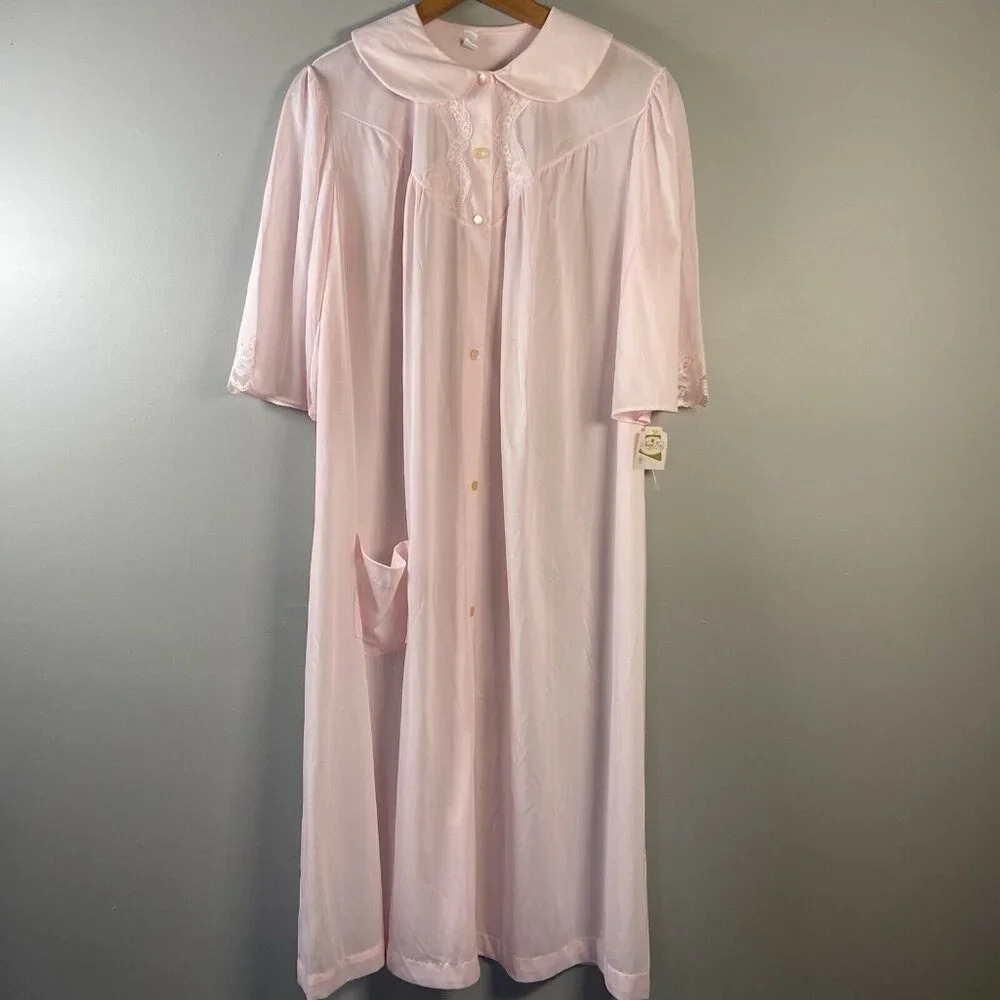 Vintage Nancy King Lingerie‎ Nightgown Size M Pink Nylon satin Lace Sleepwear